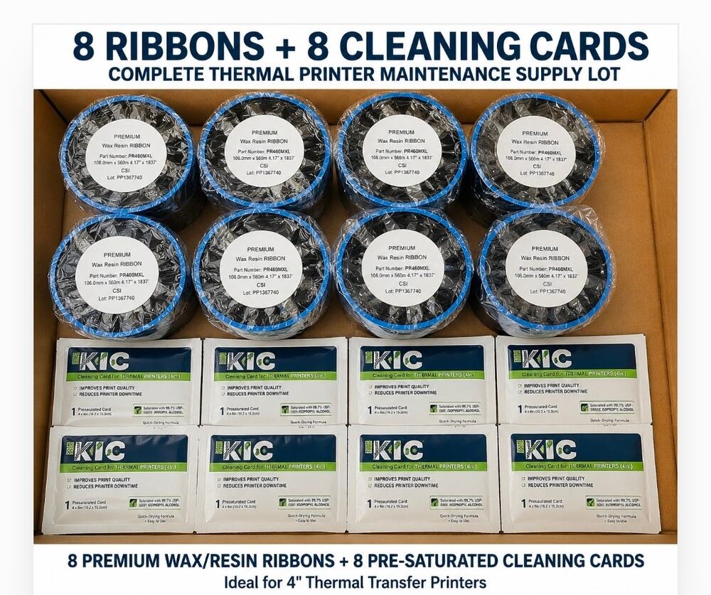 8 Premium Wax Resin Thermal Transfer Ribbons PR460MXL + 8 KIC Cleaning Cards